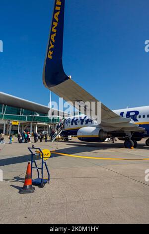Passagiere, die am Flughafen Porto in Portugal ein Flugzeug der Ryanair Boeing 737-800 besteigen. Stockfoto