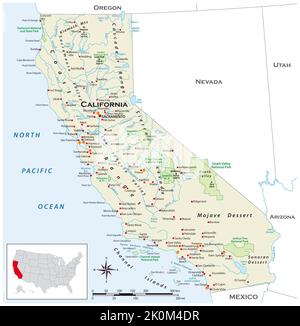 Sehr detaillierte physische Karte des US-Bundesstaates Kalifornien Stockfoto