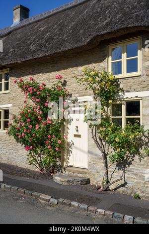 Reetgedeckte Hütte im Dorf Poole Keynes in Gloucestershire Stockfoto