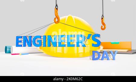 3D Metal Engineer's Day Text auf Drahtgestell-Struktur am Haken angebracht. Gelber Harthut, Papierrollen, Lineal, Laptop, Bleistift etc. Im Hintergrund Stockfoto
