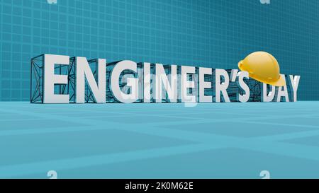 3D Metal Engineer's Day Text auf Drahtgestell-Struktur angebracht, gelber Harthut darauf hängend. Hintergrund des Blueprint-Rasters Stockfoto