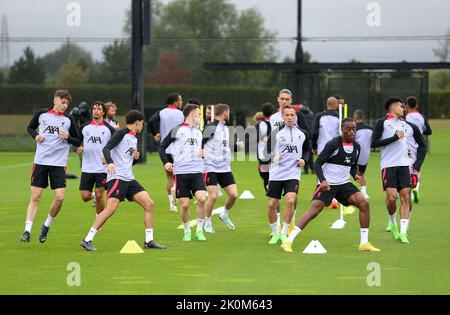 Liverpool Spieler während einer Trainingseinheit im AXA Training Center, Liverpool. Bilddatum: Montag, 12. September 2022. Stockfoto