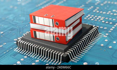 Datenverarbeitung, Datenwiederherstellung, Datenbank, EDV... Ordner auf CPU-Prozessor und Hauptplatine Stockfoto