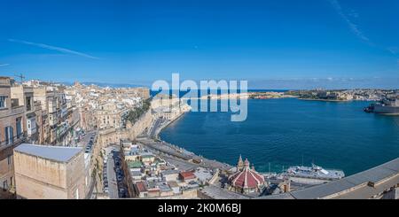 Panoramablick auf den Grand Harbour in Valletta, Malta Stockfoto