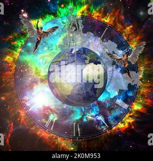 Der Tod geht auf der Erde. Skelett auf dem Planeten im lebendigen Raum. 3D Rendern Stockfoto