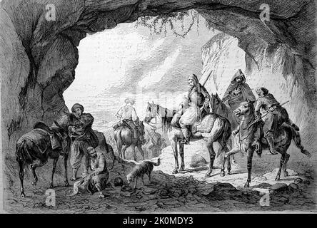 Eine Sicherheitsbegleitung zu Pferde in Bosnien, 1869 / A Security escort on Horse in Bosnia, 1869, Historisch, digital restaurierte Reproduktion einer Originalvorlage aus dem 19. Jahrhundert, genau Originaldatum nicht bekannt / historisch, digital verbesserte Reproduktion eines Originals aus dem 19.. Jahrhundert Stockfoto