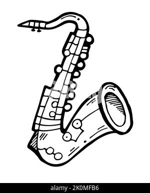 Saxophon musikalisches Blasinstrument. Musikinstrument zum Spielen von Live-Musik. Umreißen Sie die von Hand gezeichnete Skizze. Zeichnen mit Tinte. Isoliert auf Weiß Stock Vektor