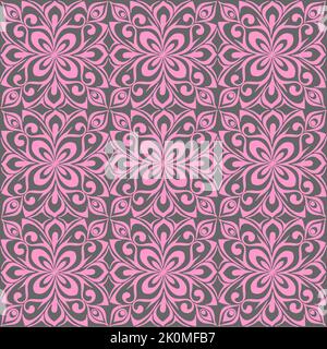Nahtlose Grafik-Muster, floral rosa Ornament Fliese auf grauem Hintergrund, Textur, Design Stockfoto