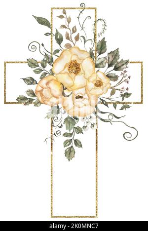 Aquarell handbemaltes Blumenkreuz mit goldenem Rahmen Cliparts, Ostern religiöse Illustration, Grün und gelbe Pfingstrose Kreuz, Taufe Clip Art, Heilige Stockfoto