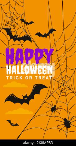 Text Frohes Halloween und Trick or Treat gegen den Nachthimmel mit Fledermäusen und Spinnennetzen Stock Vektor