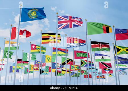 Die Flagge des Commonwealth of Nations mit den Flaggen der Länder der Organisation zusammen mit der Flagge Großbritanniens ,Close-Up Stockfoto