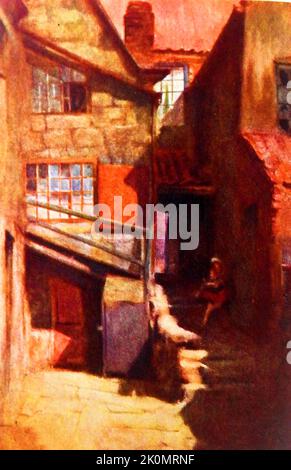 OLD WHITBY (North Yorkshire) und seine Geschichte --- ein alter Farbdruck, der Argumente Yard zeigt. Der Name spiegelt eine alte Familie namens Argument, dass Eigentum dort und nichts zu tun mit Konflikten, die stattgefunden hat. Stockfoto