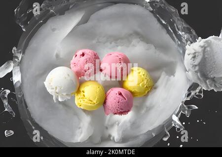 Eine Draufsicht auf gelbe und rosa Eiskugeln auf der Vanille-Eisschale Stockfoto