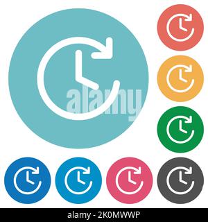 Kreisförmiger Pfeil nach vorne und flache weiße Symbole auf runden farbigen Hintergründen Stock Vektor