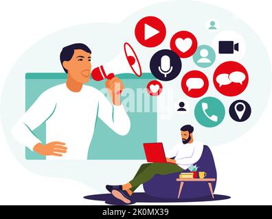 Social-Media-Marketing-Konzept. Mann, der soziale Netzwerke nutzt. SMM-Management. Online-Werbung. Vektorgrafik. Flach Stock Vektor