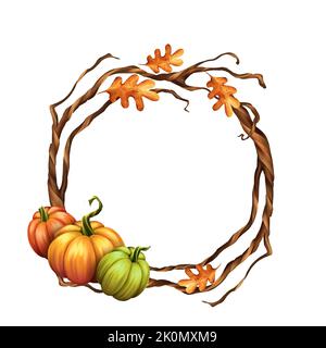 Halloween-Design. Herbstkranz mit Kürbissen Stockfoto