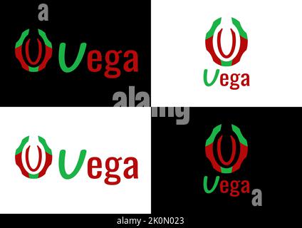 Hufeisen-Logo-Design. Lenkradschild. Grüne und rote Farben. Text Vega. Emblem für jede Herstellung, Produktion, Firma. Buchstabe V als Marke. Stock Vektor