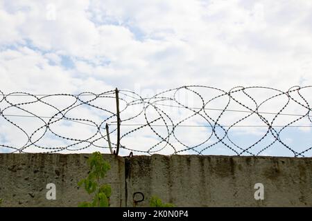 Stacheldraht am Zaun. Einzäunung Edelstahl Barb Wire mit scharfen Kanten auf einer massiven Betonwand für die Sicherheit auf dem Hintergrund ein blauer Himmel Stockfoto