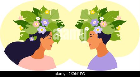 Psychische Gesundheit, Glück, Harmonie Konzept. Glücklicher weiblicher und männlicher Kopf mit Blumen im Inneren. Achtsamkeit, positives Denken, Selbstversorger-Idee. Stock Vektor