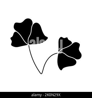 Illustration einer Blume, Silhouette eines Zweiges mit Blumen und Blättern. Vektorgrafik. Blumendruck Stock Vektor