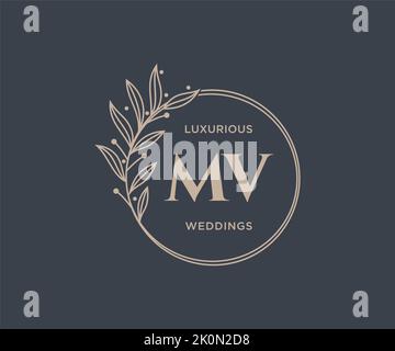 MV Initialen Brief Hochzeit Monogramm Logos Vorlage, handgezeichnete moderne minimalistische und florale Vorlagen für Einladungskarten, Save the Date, elegant Stock Vektor