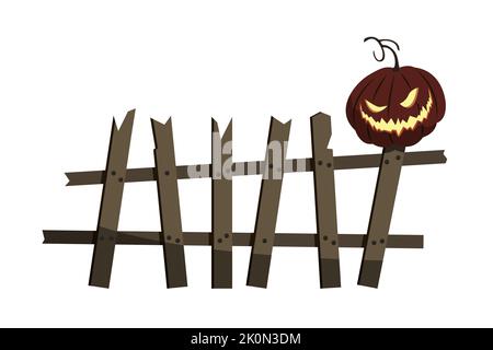 Zaunalter gebrochener Grusel mit gruselig lächelndem Halloween Kürbis, Design-Element, isolierter, weißer Hintergrund. Vektorgrafik Stock Vektor