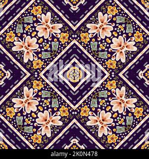 Rustikale provence Blumenmuster Hintergrund. Boho skurrile französische Farbmuster für wiederholte Kacheln. Country Cottage Vintage-Steppdruck. Stockfoto