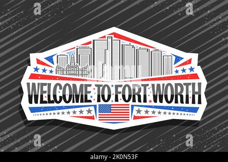 Vektor-Logo für Fort Worth, weißes Abzeichen mit umreissenden Darstellung der berühmten Stadtlandschaft am Tag Himmel Hintergrund, Kühlschrankmagnet mit schwarzem Wor Stock Vektor