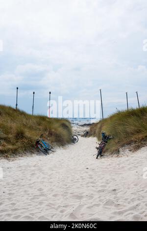 Fahrräder am Eingang zum Strand. Batz Island, Frankreich. Europa Stockfoto