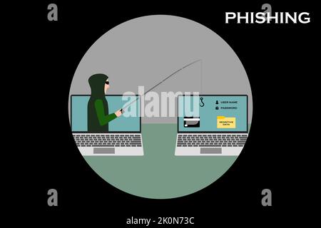 Phishing-Konzept. Hacker-Phishing auf dem PC eines anderen Benutzers. Stockfoto