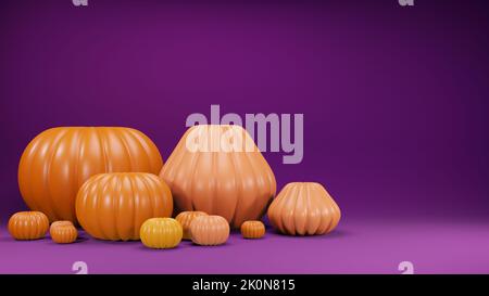 3D Render von Low-Poly-Kürbis auf violettem Hintergrund Stockfoto