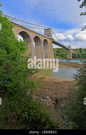 Die Menai Suspension Bridge von Thomas Telford, Pont Menai, von der Menai Strait, Menai Bridge, Isle of Anglesey, Ynys Mon, North Wales, VEREINIGTES KÖNIGREICH. Stockfoto