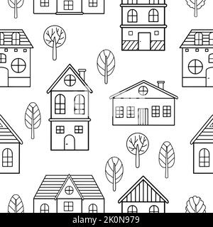 Mit nahtlosem Muster. Vektor handgezeichnete Illustration eines Gebäudes in einem einfachen kindischen Cartoon-Stil. Stock Vektor