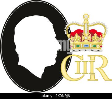 Charles III King of United Kingdom, Krönung 2022, Porträtsilhouette und Monogramm, Vektorgrafik Stock Vektor