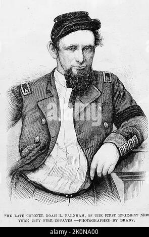 Porträt des verstorbenen Colonel Noah Lane Farnham, des First Regiment New York City Fire Zouaves. August 1861. Illustration des amerikanischen Bürgerkriegs des 19.. Jahrhunderts aus Frank Leslie's Illustrated Newspaper Stockfoto