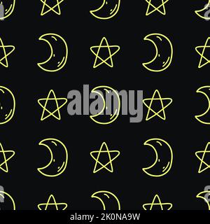 Nahtloses Muster mit Doodle-Mond und Sternen in neongelber Farbe auf schwarzem Hintergrund. Vektordarstellung von Himmelskörpern für Gewebe und Textilien Stock Vektor