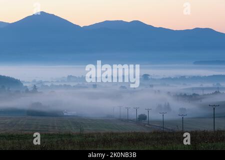 Morgennebel im Dorf Ondrasova, Slowakei. Stockfoto