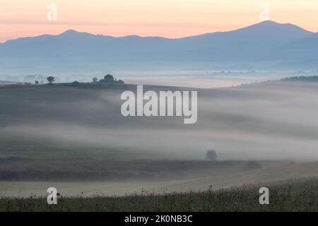 Morgennebel im Dorf Ondrasova, Slowakei. Stockfoto