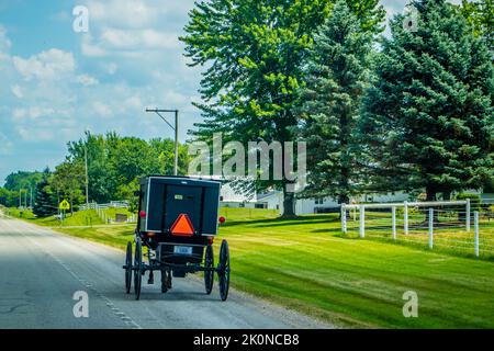 Ein Buggy-Wagen mit leichtem Tieflader-Wagen in Shipshewana, Indiana Stockfoto