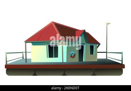 Schwimmendes Haus. Wohnung mit kleinem Innenhof am Wasser. Isoliert auf weißem Hintergrund. Illustrationsvektor. Stock Vektor