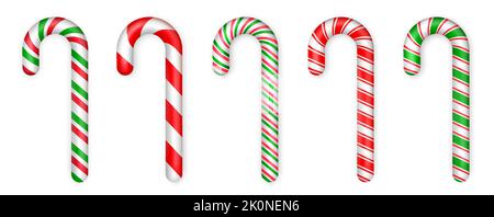 Weihnachtsbonbons. Weihnachtsstick-Set. Traditionelle realistische Weihnachtsbonbons und rote, grüne, weiße Streifen. Santa Karamellstock. Vektorgrafik Stock Vektor