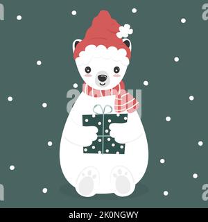 Nette schöne Hand gezeichnete Zeichentrickfigur Baby weiß Eisbär mit santa claus Hut und Geschenkbox Winterfeiertag Vektor Illustration für weihnachten Stock Vektor