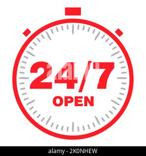 Öffnen Sie 24 7 Papierschäler Zeichen-Set. Öffnen Sie 24 7 Aufkleber. Vektorgrafik Stock Vektor