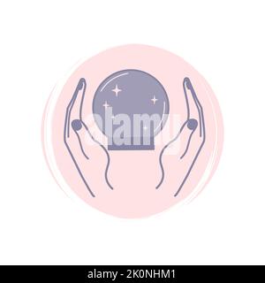 Niedliche menschliche Hände mit Kristallkugel mit Iconvektor, Illustration auf Kreis mit Pinselstruktur, für Social Media Story und instagram Highlights Stock Vektor