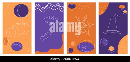 Satz von Vektorhintergründen in einfachem linearen Stil für Social-Media-Plattformen, Geschichten und Banner mit halloween-Elementen Stock Vektor