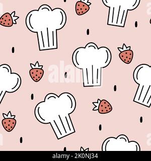 Nette schöne Cartoon schwarz und weiß Koch Hüte mit roten Erdbeeren nahtlose Vektor-Muster Illustration auf rosa Hintergrund Stock Vektor