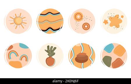 Vektorsatz mit Logo-Designvorlagen, Symbolen und Abzeichen für soziale Medien hebt Cover mit zeitgenössischen Boho-Elementen hervor Stock Vektor