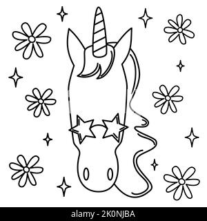 Niedliches schwarzes und weißes Einhorn mit Sonnenbrille, Gänseblümchen Blumen und Sternen Karikaturvektor Illustration für Malbuch Stock Vektor