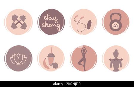 Vektorsatz mit Logo-Designvorlagen, Symbolen und Abzeichen für soziale Medien hebt Cover mit niedlichen Fitness-Elementen hervor Stock Vektor