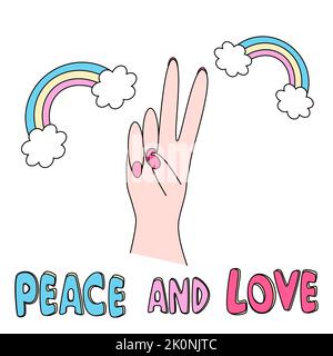 Niedliche Hand gezeichnete Buchstaben Frieden und Liebe Vektorkarte mit weiblicher Hand und Regenbogen Stock Vektor